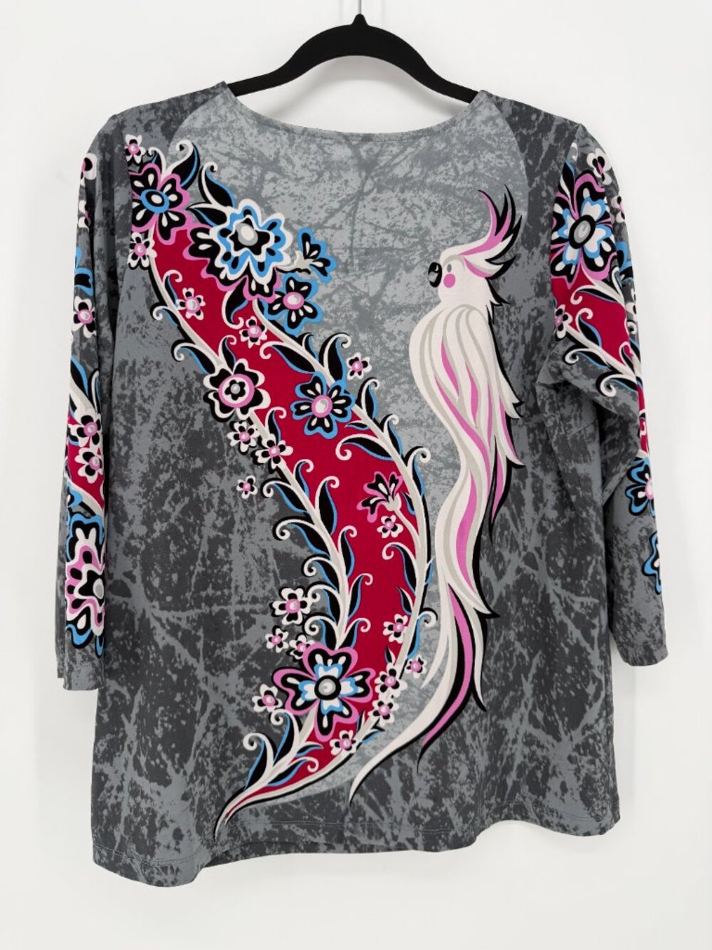 Bob Mackie Wearable Art Cockatoo Floral Top Gray Pink 3/4 Sleeve Size S - Picture 6 of 8